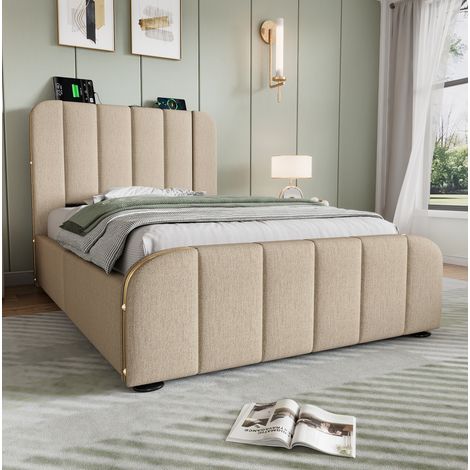 Cama tapizada individual 215x98x101 cm con 4 cajones, puerto USB y Tipo C, lino beige (1/5)