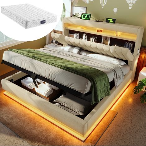 Letto matrimoniale 140x200 cm beige in lino con LED, ricarica USB-C, contenitore idraulico e materasso (1/5)