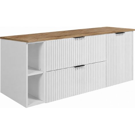 Set di mobili da bagno, 2 cassetti, 1 anta, chiusura ammortizzata, Bianco / piano Rovere Chiaro, maniglie nere, 140 x 46 x 57 cm (1/5)