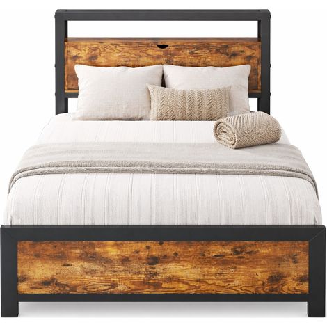 Lit simple 90 x 200 cm avec tête de lit de rangement, cadre en métal et plateau MDF, style industriel, sommier à lattes métal, pour adulte et enfant CHICFURN (1/5)