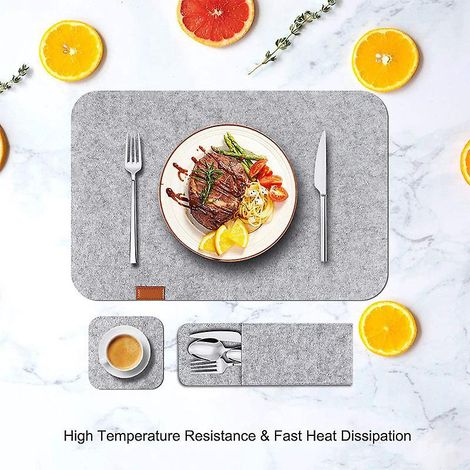 gris Fonc Set De 3 (sets De Table + Sous-verres + Sac Couteaux Et Fourchettes) Set De Sets De Table En Feutre Sous-verres Et Sac Couteaux Et Fou (1/5)