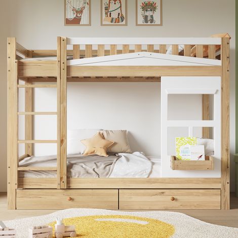 Letto a castello 90x200 cm, letto per bambini con rete a doghe in legno, 2 cassetti, con scaletta e cancelletto di sicurezza, design moderno, pino - naturale (1/5)