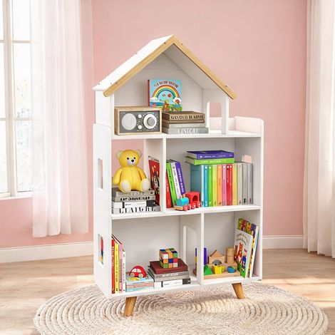 Rangement jouets enfant en bois massif 3 niveaux forme maison (1/5)