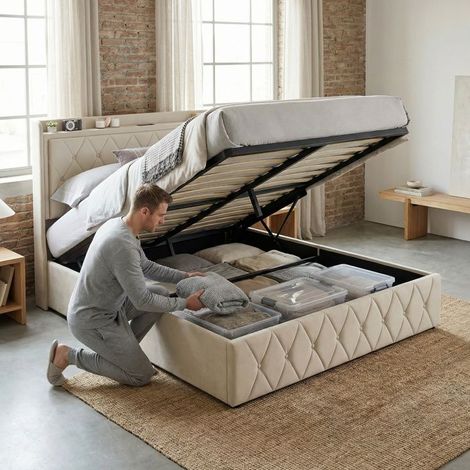 Beleuchtetes Bett, Bett 140x200 cm, Doppelbett, LED und USB-ladbar, Bettgestell 140x200 cm, Lattenrost inklusive, Samtstoff, Beige