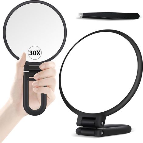 Miroir grossissant 30X pliable et portable – Double face 1X/30X – Poignée rotative 360° pour maquillage précis en déplacement – Noir mat (1/5)