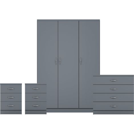 Riano 4 Piece Bedroom Set (3 Drawer Bedside Chest, 4 Drawer Chest, 3 Door Wardrobe), Grey (1/3)