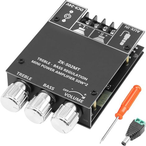 ZK-502MT Amplificateur Bluetooth Hifi Stéréo, 50W+50W 2.0 Canaux Audio avec BT et AUX, DC 9-24V, Réglage des Aigus et des Graves, Amplificateur Bluetooth pour Enceintes DIY et Haut-parleurs Domestique