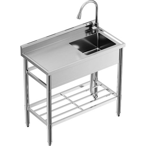 Évier indépendant inox avec robinet étagère eau chaude froide - ensemble commercial cuisine 2 bacs - 70×50×86 cm