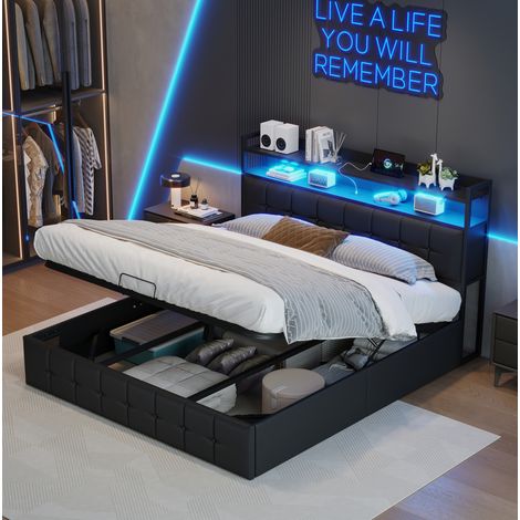 Cama 160x200x105 cm negra en cuero sintético PU con cabecero LED y almacenamiento (1/5)