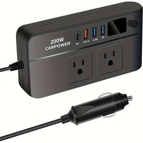 Stazione di ricarica per auto da 200 W – Convertitore CC/CA da 12 V a 220 V / 110 V, multifunzione per auto, camper e uso esterno – Presa europea