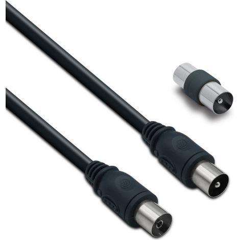 Câble TV coaxial 9,52 mm mâle/fem.+adaptateur mâle/mâle 2 m - noir (1/3)