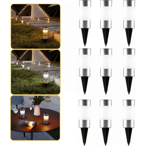Lot de 9 lampes solaires de jardin piquet, lumière chaude, corps en acier inoxydable pour pelouse et allée (1/5)