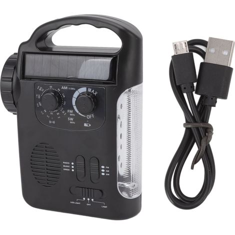 Ortviai Radio FM/AM/SW à manivelle et solaire, lampe LED intégrée, sortie USB, batterie rechargeable 18650 incluse, noir (1/5)