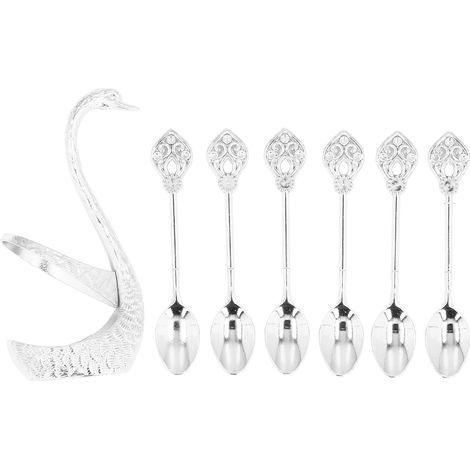 Porte-cuillère à café, ensemble de cuillères à dessert à café en alliage de zinc Organisateur de support de base de cygne avec 6 cuillères à crème glacée décoratives Couverts à dessert à café(Mèche) (1/5)