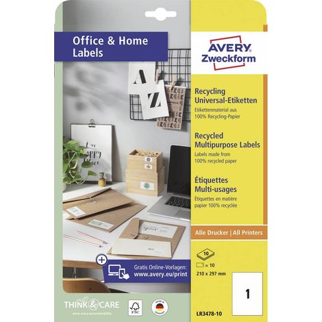 Avery-Zweckform LR3478-10 Etiquette universelles 210 x 297 mm papier recyclé blanc 10 pc(s) fixation permanente imprima