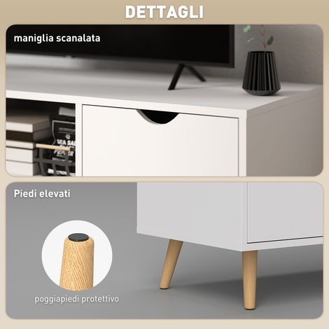 Mobile Porta TV max 50" con Cassetto, Ripiano Aperto e Armadietti, 110x40x50 cm, Bianco e Legno (1/5)