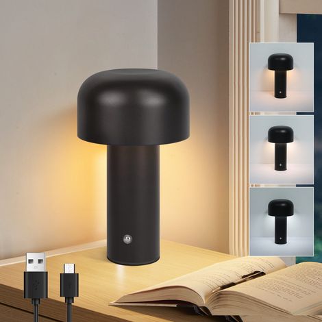 GBLY Lampada da comodino LED wireless - Lampada da tavolo 2W Lampada da ufficio a intensità variabile Lampada fungo nera ricaricabile Lampada da camera Piccola luce notturna moderna in metallo