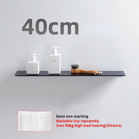 (Noir - 40 cm) Petite étagère murale flottante blanche sans perçage pour salle de bain, porte-shampoing et accessoires de cuisine. (1/5)
