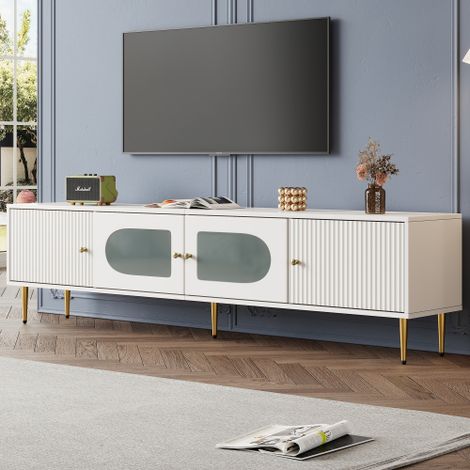 Meuble TV élégant — Finition blanche avec pieds et poignées dorés  doté de 2 portes à rainures verticales et de 2 portes vitrées cintrées  capacité de charge : 35 kg  Meuble TV, Support TV, Console TV