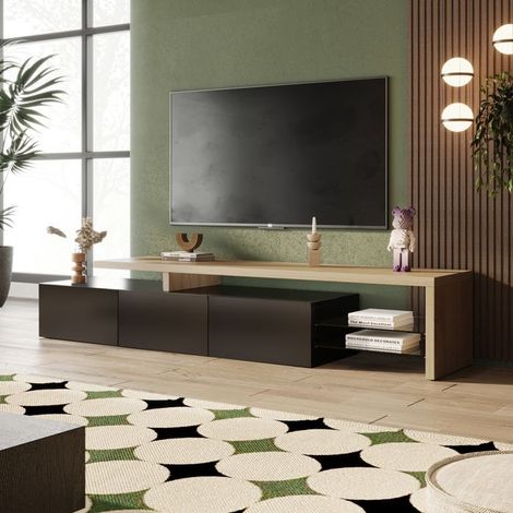 TV-Möbel - TANANT - 200x39x42 cm - Einstellbare LED-Beleuchtung - 2 Glasregale - 3 Türen, Schwarz+Holz
