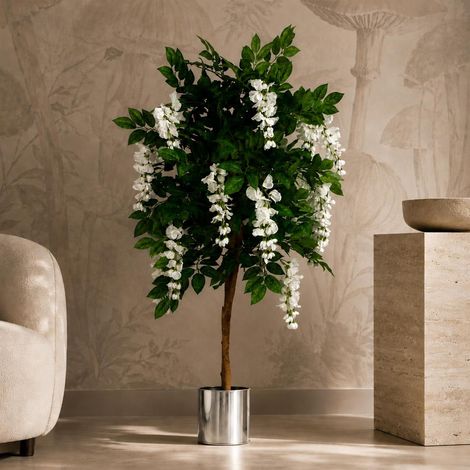 130cm Luxury Artificial Wisteria Tree White Flowers - Premium Range Silver Metal Planter - Premium Quality (1/5)