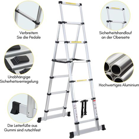 Wolketon Aluminium Teleskopleiter 2,0M Silber, Leiter Ausziehbar Klappleiter, Mehrzweckleiter, Stehleiter, Haushaltsleiter, Außenleiter, 150 kg Belastbarkeit (1/3)