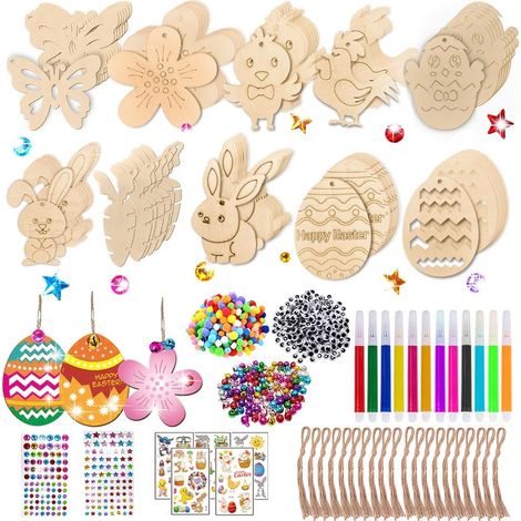 Adornos de madera para Pascua, 264 piezas, manualidades de Pascua para hacer tú mismo, decoraciones de madera para Pascua, juego de adornos colgantes de Pascua con conejo, gallina y huevo.