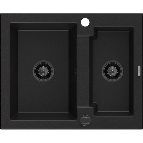 Mexen Carlos 1,5-Becken-Granitspüle 582 x 475 mm, Schwarz, Siphon Schwarz - 6518581500-77-B