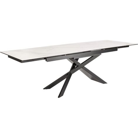 STELIX Tisch 180–220–260 cm – Platte aus weißer Marmor-Effekt Keramik und gehärtetem Glas – Ausziehbar mit schwarzen Metallbeinen