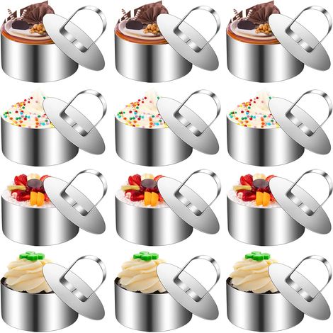 Round Pastry Circle, 8 cm Stainless Steel with Pusher, Dessert Rings, Mousse Moulds for Desserts, Cake Pushers (12 Pieces) (1/5)