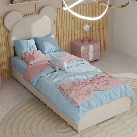 REDOM Lit simple 90x200cm Tête rembourrée cartoon, tissu et métal, rangement à vérins, beige (Sans matelas)