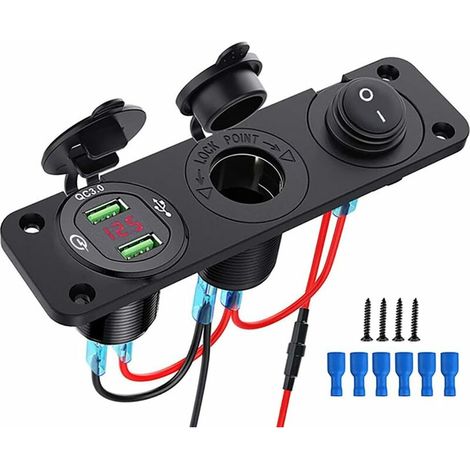 Presa USB da incasso 12v, presa accendisigari 12v, caricabatterie USB doppio QC 3.0 12V, pannello presa accendisigari, interruttore a bilanciere illuminato per barche, rimorchi, auto, autobus, nero