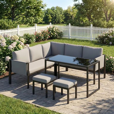 Salon de Jardin Canapé d'Angle Extérieur 6 Pièces Coussins 10cm Table Haute et 2 Repose-pieds Gris (1/5)