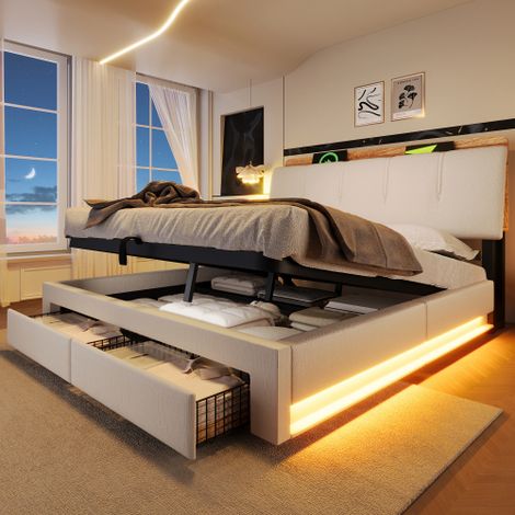 Lit coffre 140x200 avec LED, USB et Type-C, Lit adulte avec rangement hydraulique, Tête de lit avec étagères et compartiment, Sans matelas, Beige (1/5)