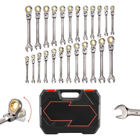 Mophorn Jeu de clés mixtes 24 pièces, clés plates à cliquet flexibles SAE et métriques, adaptées aux automobiles, avec extrémité fourche, 72 dents, acier Cr-V, livré avec coffret de transport (1/2)