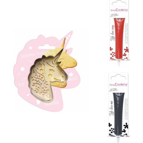 Kit pour biscuit en relief Licorne + 2 Stylos au chocolat rouge et noir