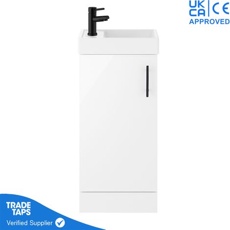 White Gloss Floor Standing Vanity Unit 400mm with Black Tap, Waste & Handle (1/5)