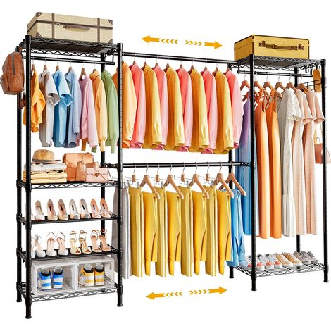 Portant à vêtements extensible et robuste (170-220) x 35,5 x 180 cm, organisateur de dressing en métal, système de rangement autoportant avec 6 étagères et 2 barres de penderie (1/5)