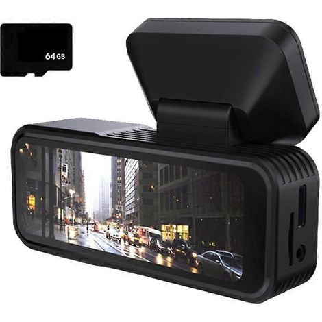 Caméra embarquée A215 avec disque dur de 64 Go, 4K UHD 2160p, double caméra, enregistreur DVR, vision arrière grand angle 170°, vision nocturne. (1/5)