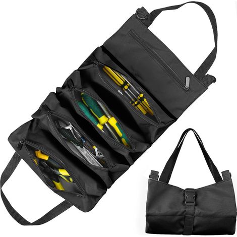 Bolsa enrollable para herramientas, bolsa de lona para herramientas con llaves, bolsa enrollable multiusos con 5 bolsillos con cremallera, ideal para fontaneros y electricistas (verde) (negro) (1/5)