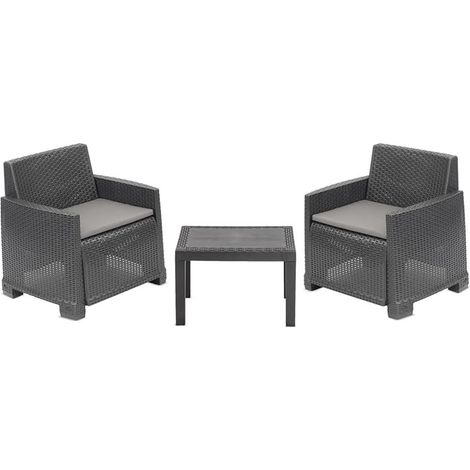 TRADE SHOP - Set Salotto Da Giardino Con 2 Poltrone Cuscini Tavolino In Polipropilene Effetto Rattan - Antracite (1/3)
