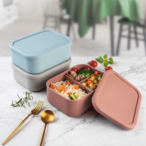 Tragbare, wiederverwendbare Bento-Lunchbox aus Silikon mit 3 Fächern, mikrowellengeeignet für Erwachsene und Kinder (1/5)