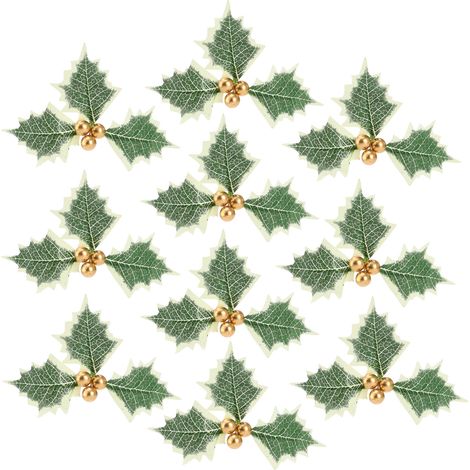 Baies dorées de houx artificielles, 10 pièces, feuilles vertes, fausses pour Arrangement de couronne de noël, décorations de fête (1/5)