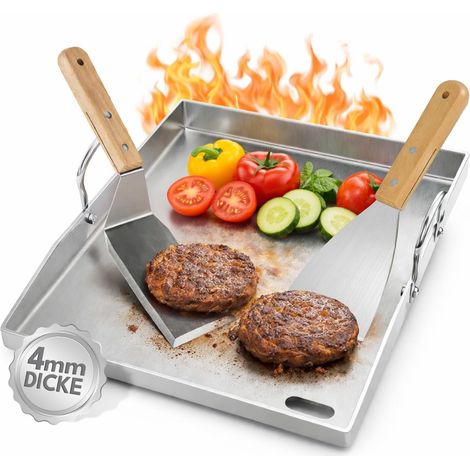 4 mm dicke Edelstahl-Grillplatte, 40 x 30 cm, mit Fettrinne und 2 Grillspateln, massive Plancha für Gas-, Holzkohle- und Barbecue-Grills (1/5)