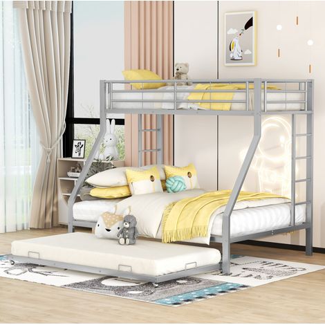 Etagenbett 90/140x200 cm aus Metall mit Ausziehbett und Leiter beidseitig, Silber (1/5)