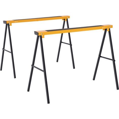 DURHAND Lot de 2 tréteaux pliables compactes poignée transport dim. 100L x 50l x 76H cm surface antidérapante métal noir jaune (1/5)