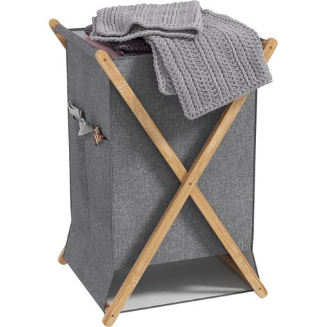 Cesto de ropa plegable de 55 litros, cesto textil con estructura de bambú para dormitorio y lavadero, madera natural y gris.