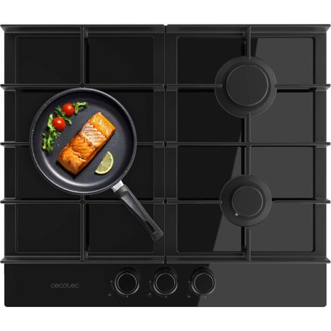 Cecotec Placa de Gas de 3 Fuegos Bolero Squad G 3400F Glass Black, 6,2kW, Glass Black, Parrillas Hierro Fundido, Quemador WOK Triple, Encendido Electrónico, Seguridad Válvulas, accesorio conversión