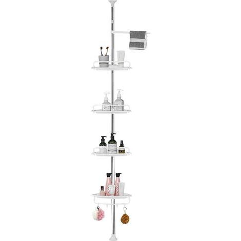 Estante de ducha regulable en altura – Estante de esquina sin taladrar – Acero inoxidable – 4 cestas y 1 toallero – 95-305 cm – Blanco (1/5)
