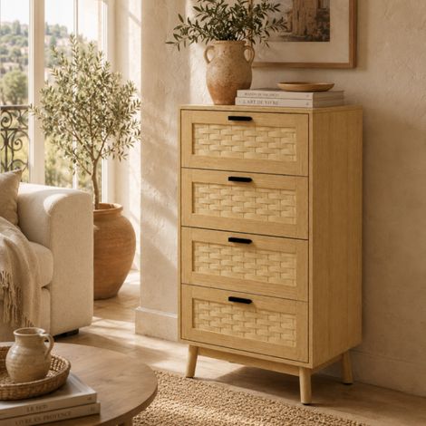 Buffet de rangement, Commode à 4 tirtors, Meuble de Rangement, Armoire Tiroirs en Rotin, Buffet pour Salon, Chambre, Salle à Manger, couleur chêne (1/5)